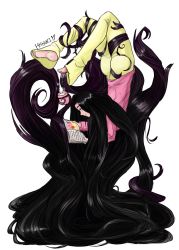 Rule 34 | 1girl, absurdly long hair, absurdres, ass, barefoot, black eyes, black hair, book, closed mouth, cup, from side, hhhori, highres, holding, holding book, holding cup, kejourou (monster girl encyclopedia), kirby, kirby (series), long hair, long sleeves, monster girl encyclopedia, monster girl encyclopedia ii, nintendo, open book, pajamas, pink shirt, prehensile hair, profile, reading, shirt, signature, simple background, smile, soles, solo, very long hair, white background