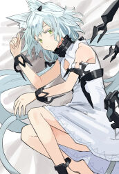 Rule 34 | 1girl, animal ear fluff, animal ears, anklet, arknights, armpits, bare legs, bed sheet, blue hair, breasts, cat ears, cat girl, cleavage, cleavage cutout, clothing cutout, collar, colored eyelashes, cuffs, detached wings, dress, earpiece, highres, jewelry, knees up, light blue hair, long hair, lying, mechanical wings, on side, rosmontis (arknights), rosmontis (become anew) (arknights), shackles, shiduki eku, sleeveless, sleeveless dress, small breasts, solo, very long hair, white dress, wings, wrist cuffs