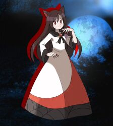 Rule 34 | 1girl, animal ears, asatsuki (fgfff), blue moon, brooch, brown hair, dress, fingernails, full body, full moon, hair between eyes, hand on own hip, highres, imaizumi kagerou, jewelry, long hair, long sleeves, looking at viewer, moon, multicolored clothes, multicolored dress, print dress, puffy long sleeves, puffy sleeves, red eyes, red nails, sharp fingernails, smile, solo, touhou, wolf ears, wolf girl