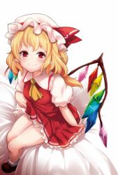 Rule 34 | 1girl, ascot, blonde hair, blush, clothes lift, crystal, flandre scarlet, from above, full body, grin, hat, hat ribbon, jpeg artifacts, looking at viewer, mob cap, nikke (cherish), on bed, pointy ears, puffy sleeves, red eyes, ribbon, shirt, shoes, short sleeves, side ponytail, sitting, skirt, skirt lift, skirt set, smile, socks, solo, touhou, vest, white background, white socks, wings