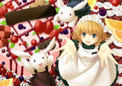 Rule 34 | 1girl, :3, apron, blonde hair, blue eyes, cake, chocolate, cookie, dress, food, fruit, icing, looking up, maid, maid apron, maid headdress, nacht (nacht 01), open mouth, outstretched arms, outstretched hand, pastry, rabbit, reaching, smile