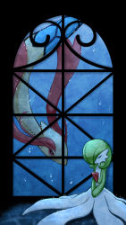 Rule 34 | 1girl, blue background, bob cut, bright pupils, bubble, closed eyes, colored skin, creatures (company), female focus, flat chest, full body, game freak, gardevoir, gen 3 pokemon, green hair, green skin, hair over one eye, highres, indoors, looking at another, milotic, muguet, multicolored skin, nintendo, one eye covered, own hands together, pokemon, pokemon (creature), red eyes, short hair, sitting, sleeping, swimming, two-tone skin, u u, underwater, v arms, water, white pupils, white skin, window