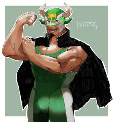 Rule 34 | 1boy, absurdres, animal ears, bara, black hair, bulge, covered abs, cow ears, cow horns, dark-skinned male, dark skin, facial hair, fake animal ears, feet out of frame, flexing, gakuran, goatee, hand on own arm, hands up, highres, horns, ikusaba daisuke, jacket, jacket on shoulders, large pectorals, male focus, muscular, muscular male, neumo, pectoral cleavage, pectorals, school uniform, singlet, smile, solo, taurus mask, tokyo houkago summoners, translation request, wrestling mask, wrestling outfit