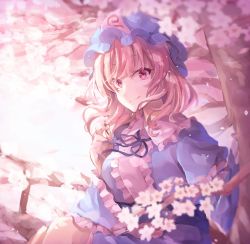 Rule 34 | 1girl, absurdres, breasts, cherry blossoms, eyebrows hidden by hair, flower, hat, highres, imoko hyp, japanese clothes, kimono, looking at viewer, pink eyes, pink hair, ribbon, saigyouji yuyuko, short hair, smile, solo, touhou, upper body