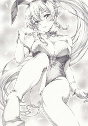 Rule 34 | 1girl, animal ears, blush, bow, bowtie, breasts, cleavage, detached collar, fake animal ears, graphite (medium), greyscale, leafa, legs, leotard, long hair, looking at viewer, mikuro, monochrome, playboy bunny, pointy ears, ponytail, rabbit ears, smile, solo, strapless, strapless leotard, sword art online, thighhighs, traditional bowtie, traditional media, very long hair, wrist cuffs