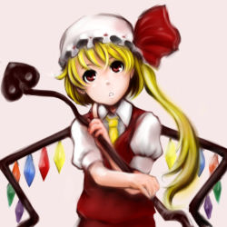Rule 34 | 1girl, bad id, bad pixiv id, blouse, collared shirt, female focus, flandre scarlet, goichi, hat, laevatein, mob cap, shirt, simple background, solo, standing, touhou, upper body, white hat, white shirt