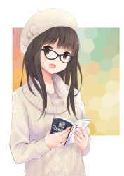 Rule 34 | 1girl, :d, aran sweater, beret, black-framed eyewear, book, brown eyes, brown hair, cable knit, glasses, hat, head tilt, highres, holding, holding book, long sleeves, looking at viewer, okiru, open book, open mouth, original, smile, solo, sweater, upper body