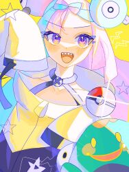 Rule 34 | 1girl, :d, bellibolt, blue hair, bow-shaped hair, character hair ornament, creatures (company), eyelashes, game freak, hair ornament, iono (pokemon), jacket, long hair, long sleeves, looking at viewer, nfvw2evamr86075, nintendo, open mouth, pink eyes, pink hair, poke ball, poke ball (basic), pokemon, pokemon (creature), pokemon sv, sharp teeth, sleeves past fingers, sleeves past wrists, smile, star (symbol), teeth, twintails, upper body, upper teeth only, yellow background, yellow jacket
