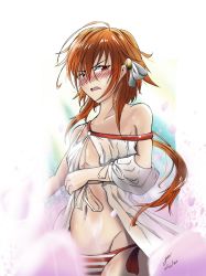 Rule 34 | 1boy, androgynous, arisia19, blush, clothes lift, falling petals, fate/grand order, fate (series), highres, long hair, looking at viewer, navel, open clothes, open shirt, panties, petals, ponytail, rama (fate), shiny skin, side-tie panties, solo, striped clothes, striped panties, thong, trap, underwear, very long hair, wavy hair, wide hips