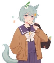 Rule 34 | 1girl, animal ears, bag, blue eyes, blush, bow, bowtie, bread slice, cardigan, food, food in mouth, green hair, hair ornament, hairclip, hand in pocket, horse ears, horse girl, horse tail, jacket, long sleeves, looking at viewer, mouth hold, open clothes, open jacket, paw print, purple shirt, purple skirt, rio (rio 067), sailor collar, school bag, school uniform, seiun sky (umamusume), shirt, short hair, skirt, solo, tail, toast, toast in mouth, tracen school uniform, umamusume, upper body, white background