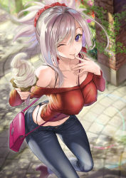 Rule 34 | 1girl, blue eyes, breasts, fate/grand order, fate (series), food, highres, ice cream, long hair, looking at viewer, miyamoto musashi (fate), no bra, one eye closed, pink hair, ponytail, sage joh, smile, solo