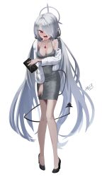 Rule 34 | 1girl, absurdres, alternate costume, bag, black footwear, black tail, blue archive, blush, breasts, cleavage, collarbone, dan nako, dark-skinned female, dark skin, demon tail, dongtan dress, dress, grey dress, grey hair, grey halo, hair over one eye, halo, high heels, highres, holding, holding bag, iori (blue archive), jewelry, large breasts, long hair, long sleeves, meme attire, open mouth, pendant, pointy ears, red eyes, signature, simple background, solo, tail, white background