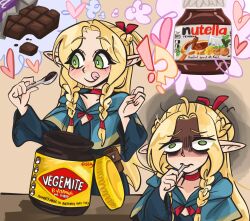 !? 1girl :q blue_cape blue_robe blush braid candy cape chocolate chocolate_bar choker commentary disgust dungeon_meshi eating elf english_commentary food green_eyes highres holding holding_spoon jar kecchi0 long_sleeves marcille_donato multiple_views nutella pointy_ears red_choker robe smile spoon thought_bubble tongue tongue_out upper_body utensil_in_mouth vegemite wide_sleeves