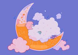 Rule 34 | 1girl, absurdres, closed eyes, cloud, constellation, covered mouth, crescent, crescent moon, from side, highres, liquid, long sleeves, lying, medium hair, meyoco, moon, on back, on crescent, original, pink hair, purple background, simple background, sleeping, socks, solo, sparkle, star (symbol), transparent