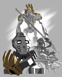 Rule 34 | 3boys, absurdres, armor, bionicle, crab, gears, gold armor, highres, humanoid robot, jaller (bionicle), jeetdoh, lego, mask, multiple boys, pewku (bionicle), pincers, riding, robot, sitting, staff, standing, takanuva (bionicle), takua (bionicle), the lego group, weapon, yellow eyes