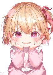 Rule 34 | 1girl, animal print, apron, artist name, blonde hair, blush, bodysuit, child, fingernails, hair between eyes, hair ribbon, hands on own face, hands up, heart, heart in eye, highres, hoshino ruby, long sleeves, looking at viewer, one side up, open mouth, oshi no ko, pink bodysuit, pink eyes, pink ribbon, puffy long sleeves, puffy sleeves, rabbit print, ribbon, ryota (ry o ta), short hair, simple background, sitting, smile, solo, sparkle, star-shaped pupils, star (symbol), symbol-shaped pupils, symbol in eye, white apron, white background