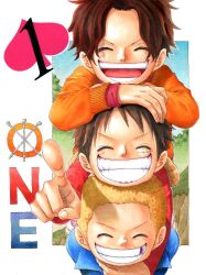 Rule 34 | 3boys, ^ ^, aged down, black hair, blonde hair, blue jacket, border, child, closed eyes, freckles, grin, hat, jacket, kara (acluf-0156), long sleeves, male focus, monkey d. luffy, multiple boys, nose, one piece, orange shirt, outside border, pointing, pointing at viewer, portgas d. ace, red shirt, sabo (one piece), scar, scar on face, shirt, short hair, sky, smile, straw hat, white border