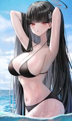 Rule 34 | 1girl, absurdres, armpits, arms up, bikini, black bikini, black hair, blue archive, blue sky, blunt bangs, breasts, hair ornament, hairclip, halo, highres, large breasts, long hair, looking at viewer, navel, ocean, parted lips, red eyes, rio (blue archive), sky, solo, stomach, strap gap, swimsuit, ueng, very long hair, wading, water, wet