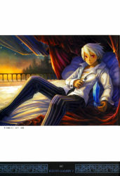 Rule 34 | 1boy, absurdres, balcony, bandages, bed, building, buttons, city, cityscape, cuff links, curtains, dark skin, dress shirt, feathers, highres, holding, jewelry, looking at viewer, male focus, night, night sky, non-web source, odin sphere, official art, open clothes, open shirt, oswald, pants, pectorals, pillow, pinstripe pattern, reclining, red eyes, ring, scan, shirt, short hair, sitting, sky, solo, spiked hair, spread legs, star (sky), starry sky, striped clothes, striped pants, sunset, tan, white hair, yamashita daichi