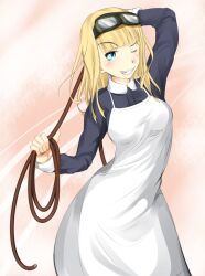 Rule 34 | 1girl, apron, arm up, black jacket, blonde hair, blue eyes, blunt bangs, blush, breasts, collar, collared jacket, commentary request, cowboy shot, goggles, goggles on head, grin, holding, holding rope, jacket, long hair, long sleeves, looking at viewer, maid, maid apron, medium breasts, one eye closed, pink background, rope, shin (highest1192), silvia (toaru majutsu no index), smile, solo, sunglasses, toaru majutsu no index, toaru majutsu no index: new testament, v-shaped eyebrows, whip, white apron, white collar