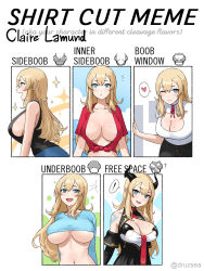 Rule 34 | 1girl, ;), arms behind back, black horns, blue eyes, blush, breasts, cat cutout, character name, chart, claire lamund (nhaliz), cleavage, cleavage cutout, clothing cutout, collage, commentary, crop top, demon horns, english commentary, english text, fang, front-tie top, heart, highres, horns, large breasts, light brown hair, long hair, looking at viewer, meme, meme attire, midriff, mole, mole above eye, mole on breast, multiple drawing challenge, multiple moles, multiple views, navel, nhaliz, no bra, one eye closed, open-chest sweater, original, revealing clothes, shirt cut meme, shirt cut meme, sideboob, sleeveless, slit pupils, smile, spoken heart, sweater, underboob