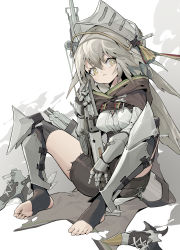 Rule 34 | 1girl, :/, absurdres, arknights, armor, armored boots, black cape, black leggings, black shorts, boots, bow (weapon), breasts, cape, crossbow, fartooth (arknights), feather hair, full body, gauntlets, grey hair, hair between eyes, helmet, highres, holding, holding crossbow, holding weapon, iyasu shikaku, leggings, long hair, looking at viewer, medium breasts, shin guards, shirt, shoes, shorts, sitting, soles, solo, spread legs, stirrup legwear, thighs, toeless legwear, toes, unworn boots, unworn shoes, visor (armor), weapon, white background, white shirt, yellow eyes