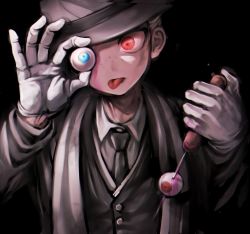 Rule 34 | 10s, 1boy, bad id, bad twitter id, black background, blonde hair, blood, convenient censoring, danganronpa (series), danganronpa 3 (anime), doraraemon, eyeball, fedora, formal, freckles, hat, ice pick, kuzuryu fuyuhiko, male focus, pink blood, red eyes, scarf, short hair, simple background, solo, spoilers, suit, tongue, tongue out, upper body