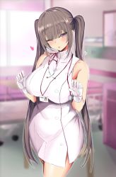 Rule 34 | 1girl, ;d, absurdres, bad id, bad twitter id, bare shoulders, blunt bangs, blurry, blurry background, blush, breasts, brown hair, collarbone, commentary request, cowboy shot, cropped legs, dress, gloves, hanasaka houcha, heart, highres, indoors, infirmary, large breasts, long hair, looking at viewer, nurse, one eye closed, open mouth, original, pink eyes, sleeveless, smile, solo, spoken heart, standing, stethoscope, twintails, very long hair, white dress, white gloves