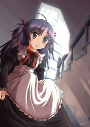 Rule 34 | 1girl, ahoge, apron, bad id, bad pixiv id, blush, bow, bowtie, brown eyes, dutch angle, long sleeves, looking at viewer, looking back, maid, maid apron, morujii, purple hair, red bow, red bowtie, sitting, solo, stairs, window