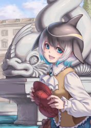Rule 34 | 1girl, :d, alternate costume, ascot, black hair, blonde hair, blowhole, blue eyes, blue hair, brooch, buttons, collared shirt, common dolphin (kemono friends), controller, day, dorsal fin, fins, frilled shirt collar, frills, hat, unworn hat, head fins, unworn headwear, highres, holding, holding clothes, holding hat, jewelry, kemono friends, kosai takayuki, long sleeves, looking at viewer, medium hair, multicolored hair, open mouth, outdoors, revision, shirt, sidelocks, skirt, smile, solo, statue, upper body, vest, water, white hair, white shirt, wing collar, yellow vest