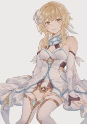 Rule 34 | 1girl, bare shoulders, blonde hair, breasts, check commentary, closed mouth, commentary request, cowboy shot, detached sleeves, dress, feather hair ornament, feathers, flower, genshin impact, hair flower, hair ornament, highres, light blush, long sleeves, looking at viewer, lumine (genshin impact), menou (12ati), short hair, short hair with long locks, sidelocks, simple background, sitting, smile, solo, white background, white dress, white flower, white legwear, yellow eyes