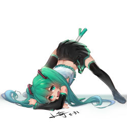 Rule 34 | 1girl, :d, absurdres, black footwear, black skirt, black sleeves, black thighhighs, boots, commentary request, dated, detached sleeves, frilled shirt, frills, full body, green eyes, green hair, hair between eyes, hatsune miku, head tilt, highres, implied object insertion, jack-o&#039; challenge, long hair, long sleeves, looking at viewer, open mouth, pleated skirt, shadow, shirt, skirt, sleeves past wrists, smile, solo, spring onion, thigh boots, thighhighs, top-down bottom-up, twintails, very long hair, vocaloid, white background, white shirt, xiaoyu