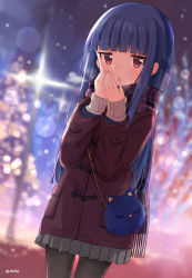 Rule 34 | 1girl, :o, animal bag, bag, black pantyhose, blue hair, blunt bangs, blurry, blurry background, blush, braid, breathing on hands, brown coat, brown scarf, coat, commentary request, cowboy shot, depth of field, eluthel, fringe trim, grey skirt, hands up, highres, idolmaster, idolmaster cinderella girls, long hair, long sleeves, looking at viewer, night, outdoors, own hands together, pantyhose, parted lips, plaid, plaid scarf, pleated skirt, red eyes, sajo yukimi, scarf, shoulder bag, skirt, sleeves past wrists, snowing, solo, standing, twitter username, very long hair