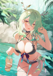 Rule 34 | 1girl, absurdres, bikini, black bikini, blurry, blurry background, breasts, brown hair, ceres fauna, cleavage, collarbone, commentary request, cowboy shot, flower, flower bikini, green hair, hair flower, hair ornament, highres, holding, holding shoes, hololive, hololive english, horns, jiang ye kiri, lake, large breasts, leaning forward, looking at viewer, medium hair, nature, navel, outdoors, sandals, shoes, solo, swimsuit, unworn sandals, virtual youtuber, wet, yellow eyes