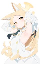 1girl absurdres animal_ear_fluff animal_ears armpit_focus armpits arms_behind_head arms_up blonde_hair blue_archive cross_halo detached_sleeves dress expressionless forehead fox_ears fox_girl fuyubone gradient_eyes halo highres long_hair looking_at_viewer multicolored_eyes seia_(blue_archive) sleeveless sleeveless_dress solo white_dress yellow_halo