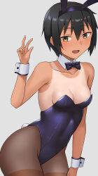 Rule 34 | 1girl, :d, animal ears, bare shoulders, black leotard, bow, bowtie, breasts, commentary request, covered navel, detached collar, fake animal ears, fake tail, hashi, leotard, medium breasts, open mouth, original, pantyhose, playboy bunny, rabbit ears, rabbit tail, short hair, smile, solo, strapless, strapless leotard, tail, tan, tanline, thighs, tomboy, traditional bowtie, w, white background, wrist cuffs, yellow eyes