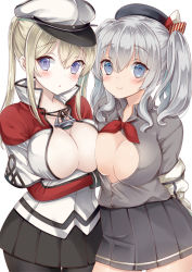 Rule 34 | 10s, 2girls, bad id, bad pixiv id, blonde hair, blue eyes, breast press, breasts, capelet, celtic knot, cross, crossed arms, graf zeppelin (kancolle), hat, iron cross, kantai collection, kashima (kancolle), large breasts, long hair, looking at viewer, military, military hat, military uniform, multiple girls, open clothes, pantyhose, peaked cap, silver hair, smile, symmetrical docking, twintails, uniform, wavy hair, yuzu-aki