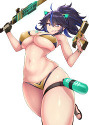 Rule 34 | 1girl, absurdres, animal ears, ao madoushi, bikini, black hair, blue eyes, blue hair, breasts, cleavage, fake animal ears, gloves, highres, holding, holding sword, holding water gun, holding weapon, kson, large breasts, mole, mole under eye, multicolored hair, ponytail, single glove, skindentation, solo, swimsuit, sword, tattoo, breast tattoo, thick thighs, thigh strap, thighs, two-tone hair, virtual youtuber, vshojo, water gun, weapon, white background