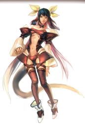 Rule 34 | 1girl, asymmetrical wings, bare shoulders, black thighhighs, blue hair, breasts, choker, collarbone, detached sleeves, dizzy (guilty gear), feathered wings, feathers, full body, green wings, guilty gear, guilty gear x, guilty gear xx, hair ribbon, hair rings, long hair, long sleeves, midriff, navel, red eyes, ribbon, solo, standing, tail, tail ornament, tail ribbon, thighhighs, twintails, underboob, white wings, wings, yellow ribbon