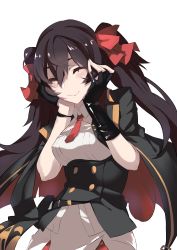 Rule 34 | 1girl, absurdres, bad id, bad pixiv id, black cloak, black gloves, black hair, blush, buttons, cloak, double-breasted, girls&#039; frontline, gloves, gold buttons, hand on own face, highres, inxst, necktie, red necktie, skirt, smile, twintails, type 97 (girls&#039; frontline), white background, white skirt