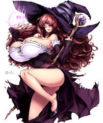 Rule 34 | 1girl, bare shoulders, breasts, brown eyes, brown hair, bursting breasts, detached sleeves, dragon&#039;s crown, dress, hair over one eye, hat, hat over one eye, highres, huge breasts, kneeling, legs, long hair, one eye covered, shoe dangle, side slit, skull, solo, sorceress (dragon&#039;s crown), staff, strapless, strapless dress, thighs, torn clothes, whoosaku, witch, witch hat