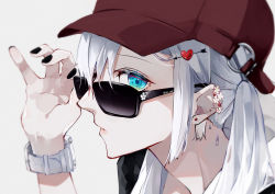 Rule 34 | 1girl, adjusting eyewear, adjusting glasses, black nails, blue eyes, blurry, brown hat, close-up, commentary request, ear piercing, earrings, flower (symbol), hair ornament, hairclip, hand up, hat, heart, heart hair ornament, highres, jewelry, long hair, looking over eyewear, looking over glasses, nail polish, original, parted lips, piercing, simple background, solo, sunglasses, tinted eyewear, twintails, twitter username, upper body, watch, white background, white hair, wristwatch, yagi (shiro yagi)