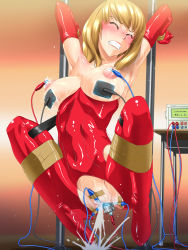 Rule 34 | 1girl, arched back, armpits, arms behind head, bdsm, blonde hair, blush, bondage, bound, breasts, censored, character request, clenched teeth, closed eyes, elbow gloves, electricity, electrodes, electrostimulation, female ejaculation, frogtie, gimpsuit, gloves, highres, indoors, large breasts, latex, latex gloves, long hair, maachin, nipple clamps, nipples, orgasm, simple background, solo, source request, suspension, teeth
