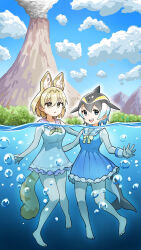 Rule 34 | 2girls, alternate costume, animal ears, bare shoulders, barefoot, black hair, blonde hair, blowhole, blue dress, blue hair, bow, bowtie, bubble, cat ears, cat girl, cat tail, cetacean tail, collar, common dolphin (kemono friends), dolphin girl, dorsal fin, dress, earthisfire, extra ears, fins, fish tail, frilled collar, frills, hair between eyes, highres, kemono friends, multicolored hair, multiple girls, partially submerged, partially underwater shot, sailor dress, short hair, sidelocks, sleeveless, swimming, tail, underwater, volcano, water, white dress, white hair, white serval (kemono friends), wristband, yellow bow, yellow bowtie