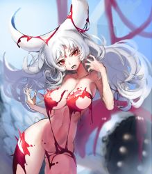 Rule 34 | 1girl, breasts, collarbone, destiny child, facial mark, feathers, forehead mark, gomchiman, horns, large breasts, long hair, looking at viewer, monster, navel, procel (destiny child), red eyes, white hair