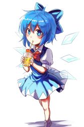 Rule 34 | 1girl, ahoge, blue bow, blue dress, blue eyes, blue hair, blush, bow, bowtie, cirno, dress, drinking, hair bow, highres, ice, ice wings, koissa, looking at viewer, matching hair/eyes, one-hour drawing challenge, puffy short sleeves, puffy sleeves, red bow, short hair, short sleeves, solo, touhou, wings