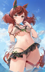 Rule 34 | 1girl, animal ears, bare shoulders, bead bracelet, beads, bikini, bikini skirt, blue sky, blush, bracelet, breasts, brown eyes, commentary request, day, ear covers, highres, horse ears, horse girl, horse tail, jewelry, kita (kitairoha), looking at viewer, medium hair, navel, nice nature (umamusume), outdoors, red hair, sky, small breasts, smile, solo, stomach, swimsuit, tail, thigh strap, thighs, twintails, umamusume, wading, water, wet, white bikini
