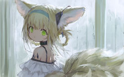 Rule 34 | 1girl, animal ears, arknights, bad id, bad twitter id, blonde hair, braided hair rings, fox ears, fox tail, from behind, green eyes, hair rings, hairband, highres, infection monitor (arknights), looking at viewer, looking back, material growth, oripathy lesion (arknights), parted lips, sho (sho lwlw), solo, suzuran (arknights), tail, upper body