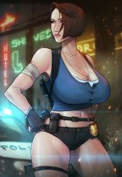 Rule 34 | 1girl, absurdres, bandaged arm, bandages, bare shoulders, belt, black shorts, blue tank top, breasts, brown hair, car, cleavage, closed mouth, collarbone, devilhs, fingerless gloves, gloves, hand on own hip, highres, holster, jewelry, jill valentine, large breasts, looking to the side, midriff, motor vehicle, navel, necklace, outdoors, police badge, police car, resident evil, resident evil 3, resident evil 3: nemesis, resident evil 3 (remake), short shorts, shorts, sign, solo, standing, swept bangs, tank top, thigh holster, thighs, utility belt