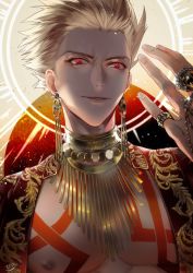 Rule 34 | 1boy, arabian, arabian clothes, bare pectorals, blonde hair, earrings, fate/grand order, fate (series), gilgamesh (fate), jewelry, looking at viewer, male focus, necklace, pectorals, red eyes, ring, sakura hitsuji, short hair, signature, smile, solo, spiked hair, upper body